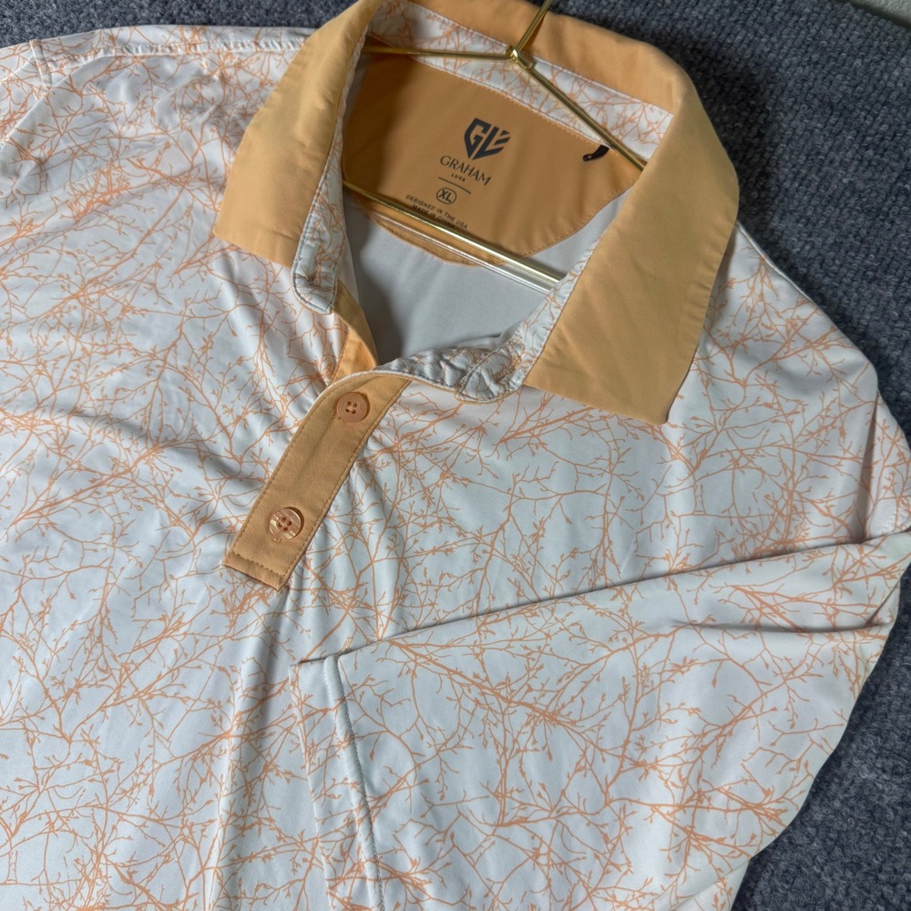 Graham Luxe Mens XL Golf Polo Shirt‎ White Peach Branches Print Short Sleeve